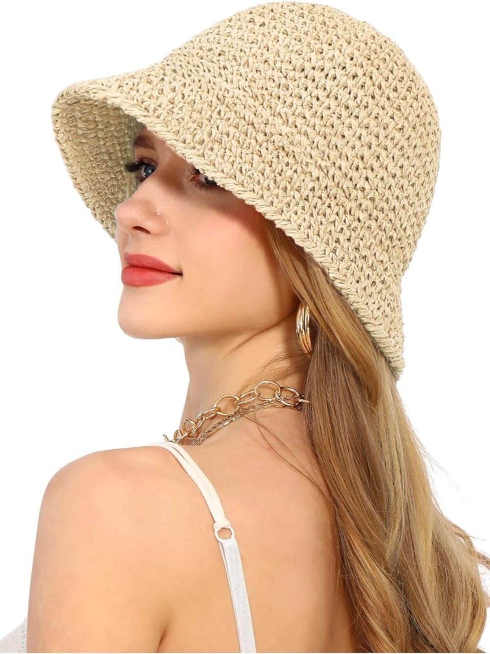 Womens Sun Hat Handmade Straw Bucket UV Protection Wide Brim Packable Travel Sum